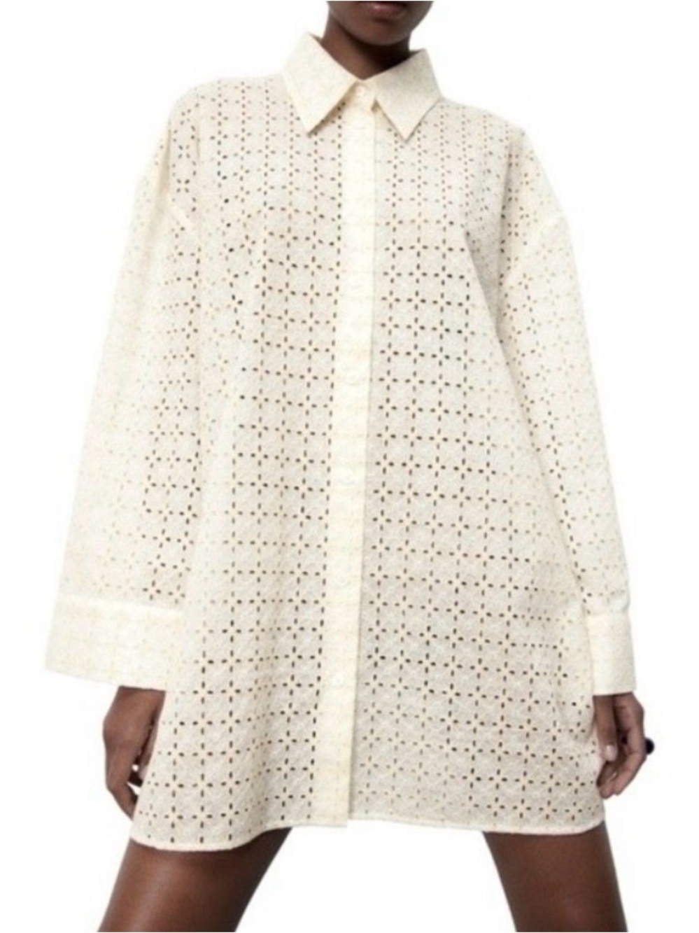 Zara cream colored Eyelet Embroidered Long Sleeve Oversize Button-Up Tunic Shirt